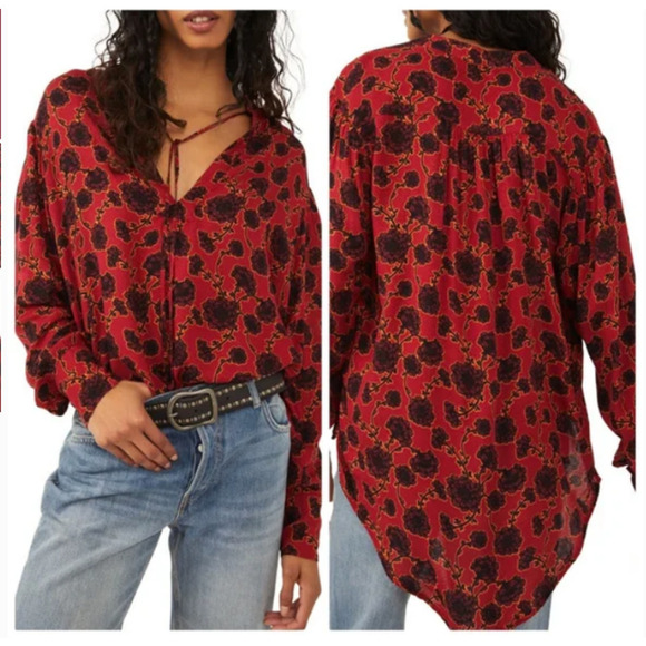 Free People Mia Floral Print Tie Neck Tunic in Black/Red - Size XS - Picture 1 of 10